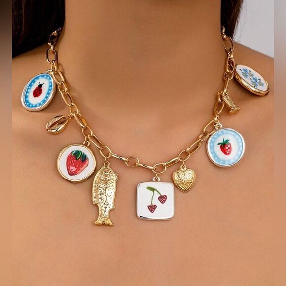 Anthropologie Jewelry - Gold Charm Necklace with Colorful Accents S914